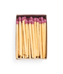 Photo of Matches in open box isolated on white, top view