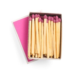 Photo of Matches in open box isolated on white, top view