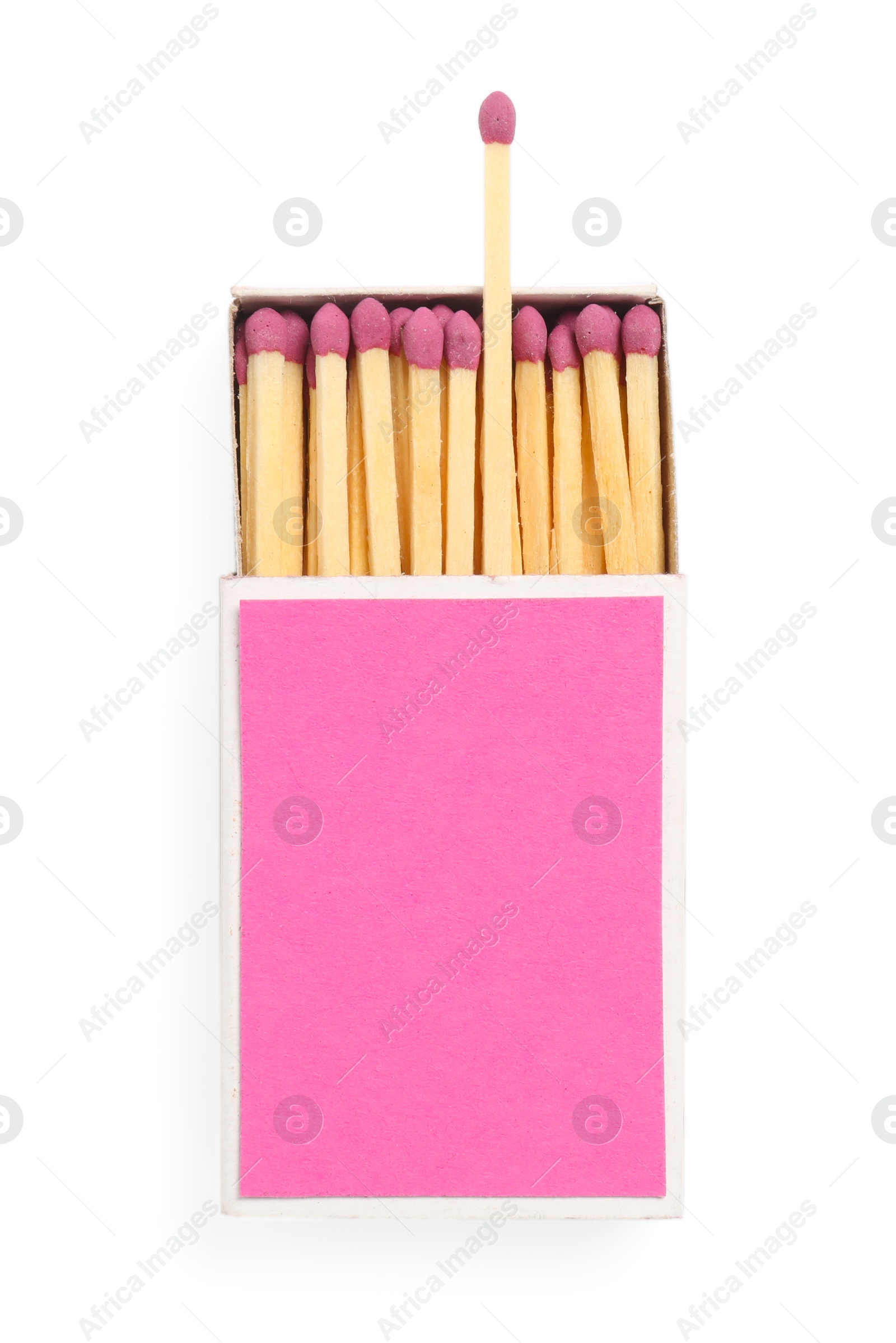 Photo of Matches in box isolated on white, top view. Mockup for design