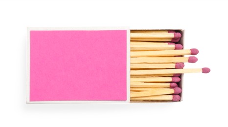 Photo of Matches in box isolated on white, top view. Mockup for design