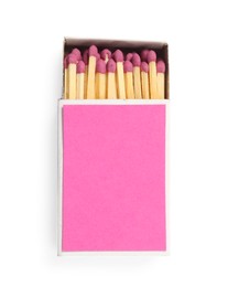 Photo of Matches in box isolated on white, top view. Mockup for design