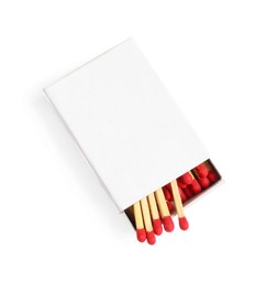 Photo of Matches in box isolated on white, top view. Mockup for design