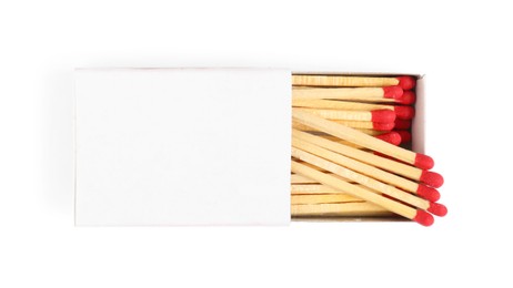 Photo of Matches in box isolated on white, top view. Mockup for design