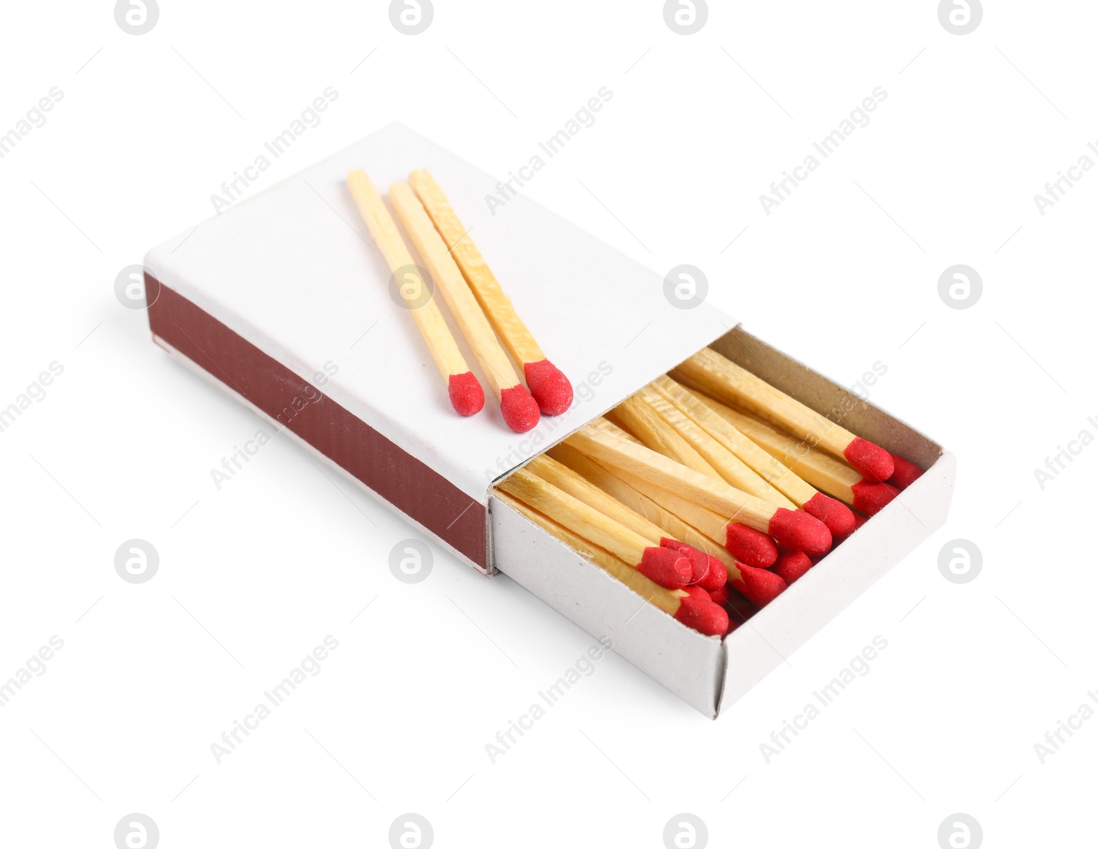 Matches with red heads in box isolated on white Photo of Matches with red heads in box isolated on white