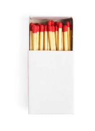 Photo of Matches in box isolated on white, top view. Mockup for design