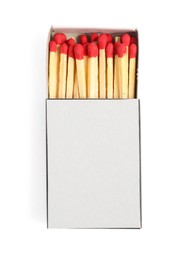 Photo of Matches in box isolated on white, top view. Mockup for design