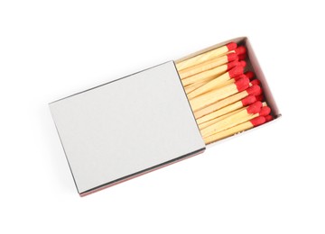 Photo of Matches in box isolated on white, top view. Mockup for design