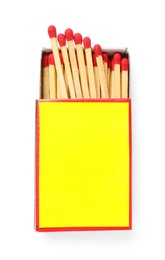 Photo of Matches in box isolated on white, top view. Mockup for design