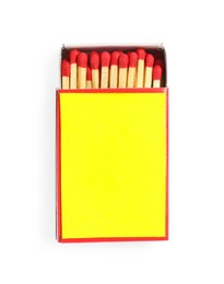 Photo of Matches in box isolated on white, top view. Mockup for design