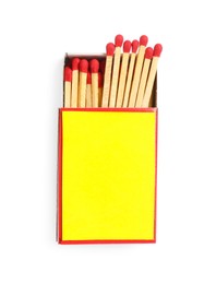 Photo of Matches in box isolated on white, top view. Mockup for design