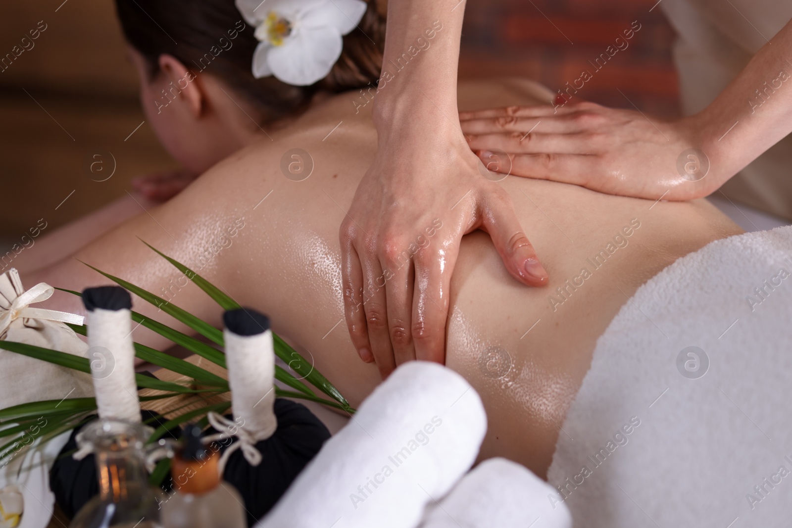 Woman receiving back massage with oil in spa salon, closeup Photo of Woman receiving back massage with oil in spa salon, closeup