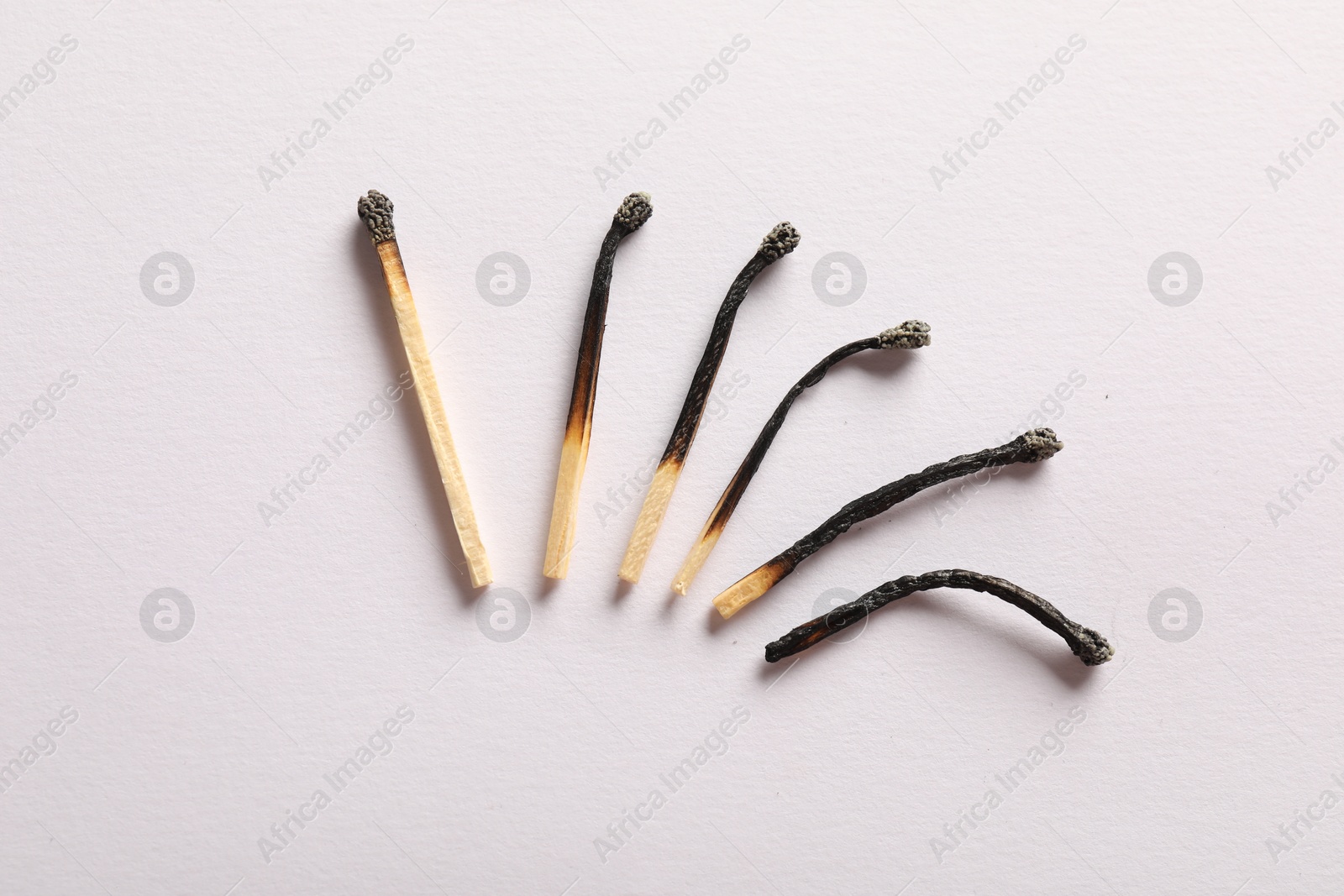 Burnt matches on light grey background, flat lay Photo of Burnt matches on light grey background, flat lay