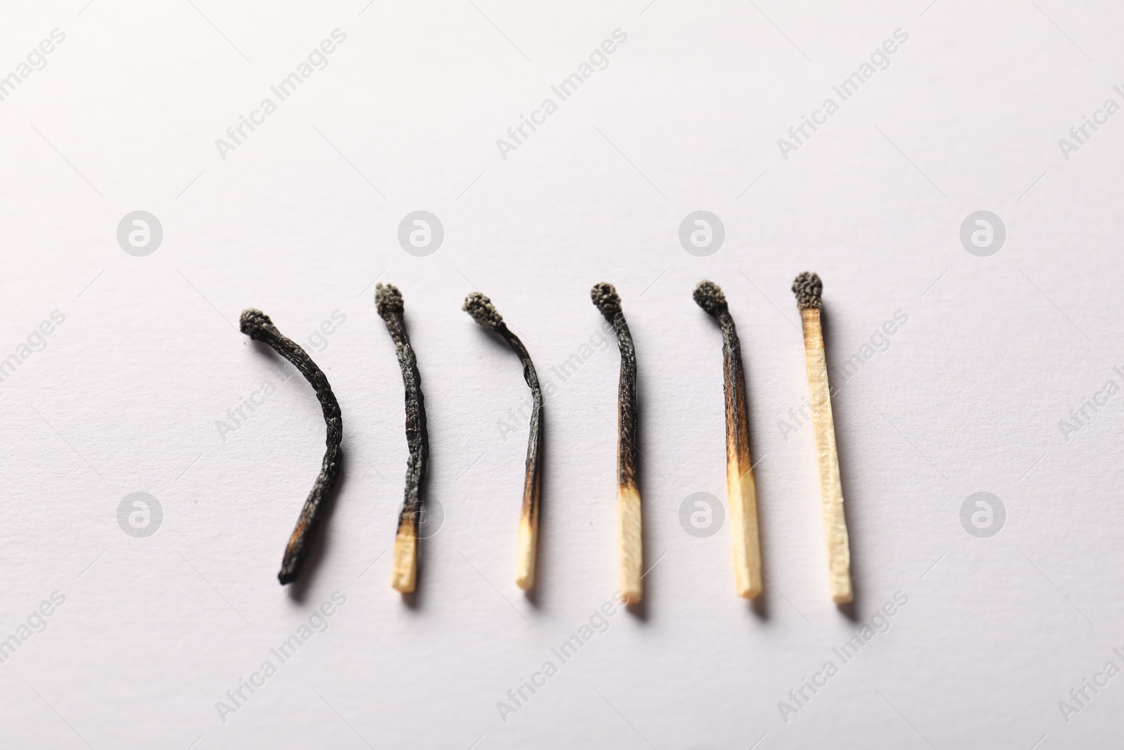Burnt matches on light grey background, closeup Photo of Burnt matches on light grey background, closeup