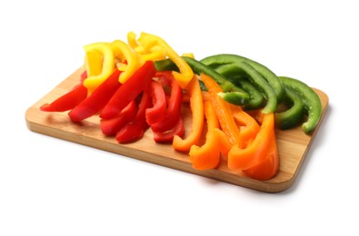 Photo of Cut colorful bell peppers isolated on white