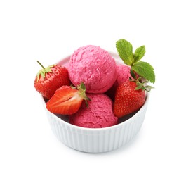 Photo of Tasty sorbet, strawberries and mint isolated on white