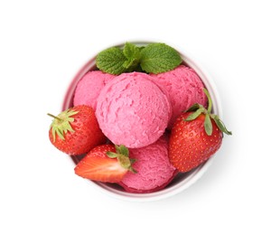 Photo of Tasty sorbet, strawberries and mint isolated on white, top view