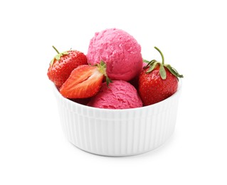 Photo of Tasty sorbet and strawberries isolated on white