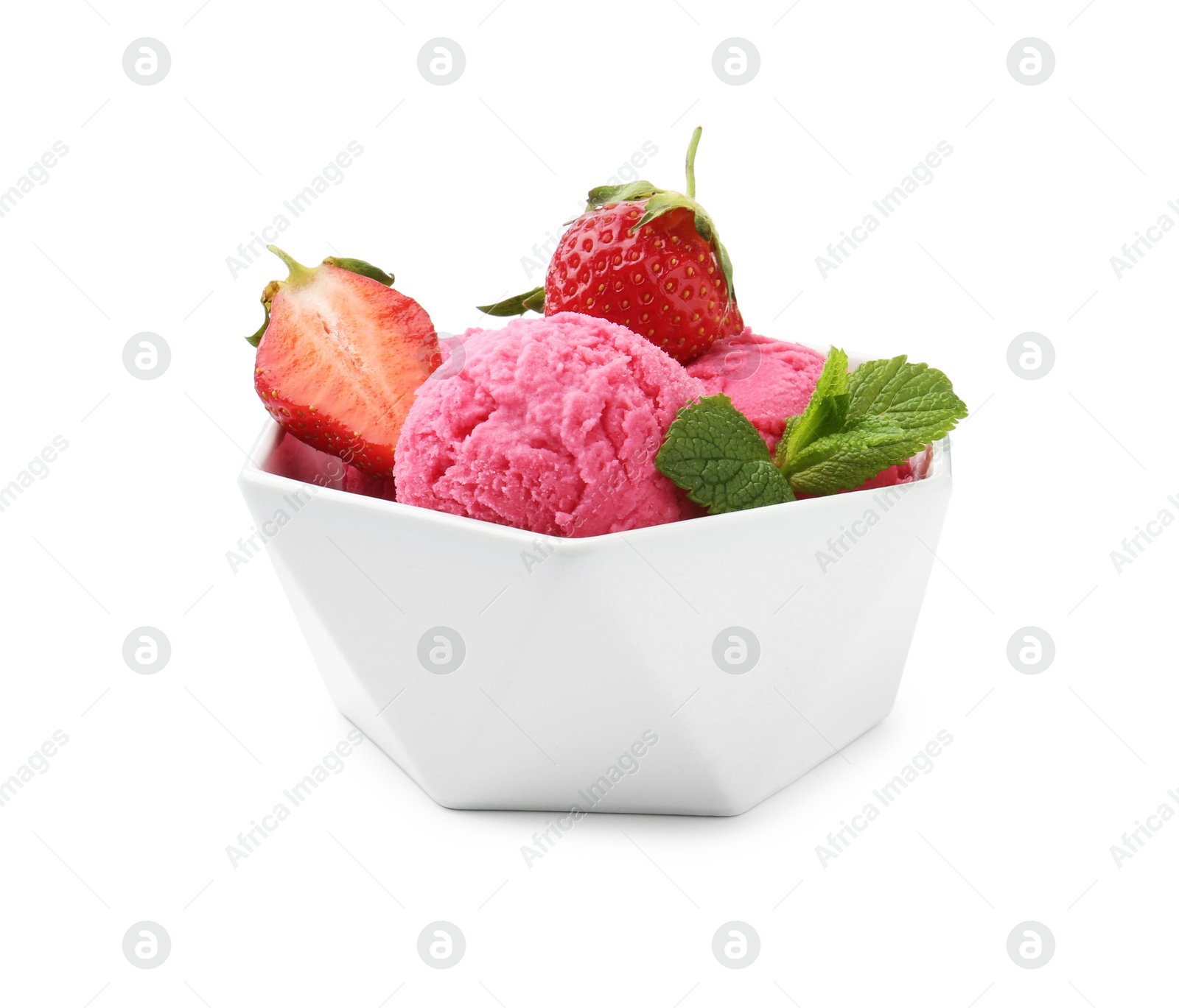 Tasty sorbet, strawberries and mint isolated on white Photo of Tasty sorbet, strawberries and mint isolated on white
