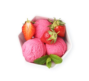 Photo of Tasty sorbet, strawberries and mint isolated on white, top view