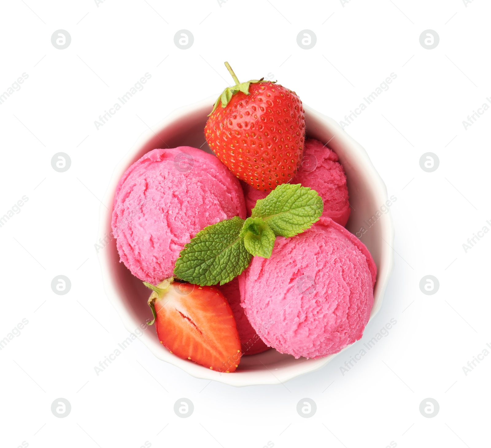 Tasty sorbet, strawberries and mint isolated on white, top view Photo of Tasty sorbet, strawberries and mint isolated on white, top view
