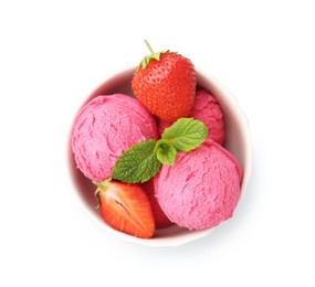Photo of Tasty sorbet, strawberries and mint isolated on white, top view