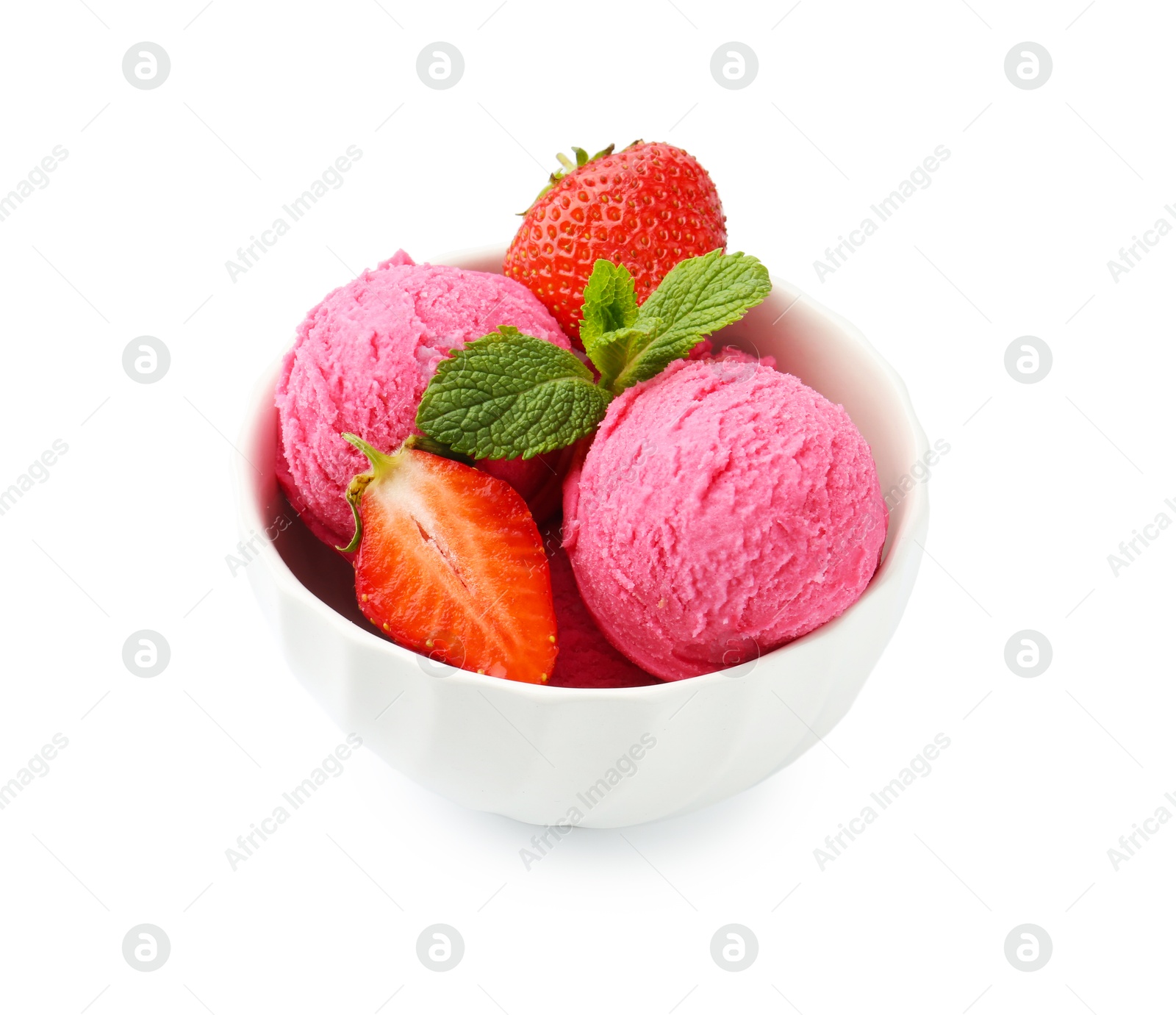 Tasty sorbet, strawberries and mint isolated on white Photo of Tasty sorbet, strawberries and mint isolated on white