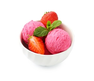 Photo of Tasty sorbet, strawberries and mint isolated on white