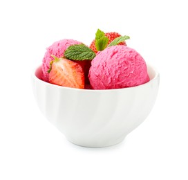 Photo of Tasty sorbet, strawberries and mint isolated on white