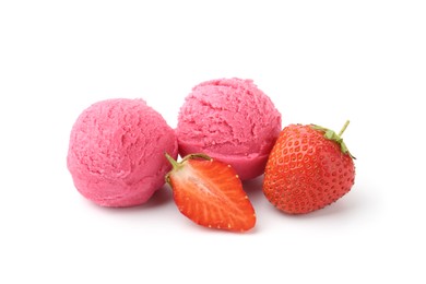 Photo of Tasty sorbet and strawberries isolated on white