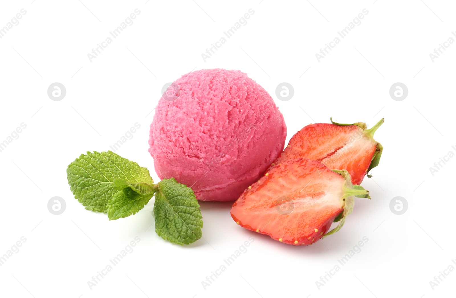 Tasty sorbet, strawberries and mint isolated on white Photo of Tasty sorbet, strawberries and mint isolated on white
