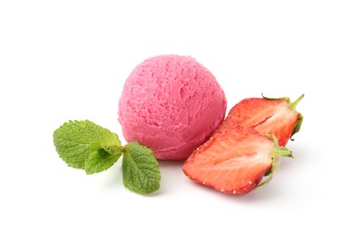 Photo of Tasty sorbet, strawberries and mint isolated on white