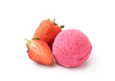Photo of Tasty sorbet and strawberries isolated on white
