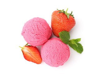 Photo of Tasty sorbet, strawberries and mint isolated on white, top view