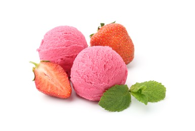 Photo of Tasty sorbet, strawberries and mint isolated on white