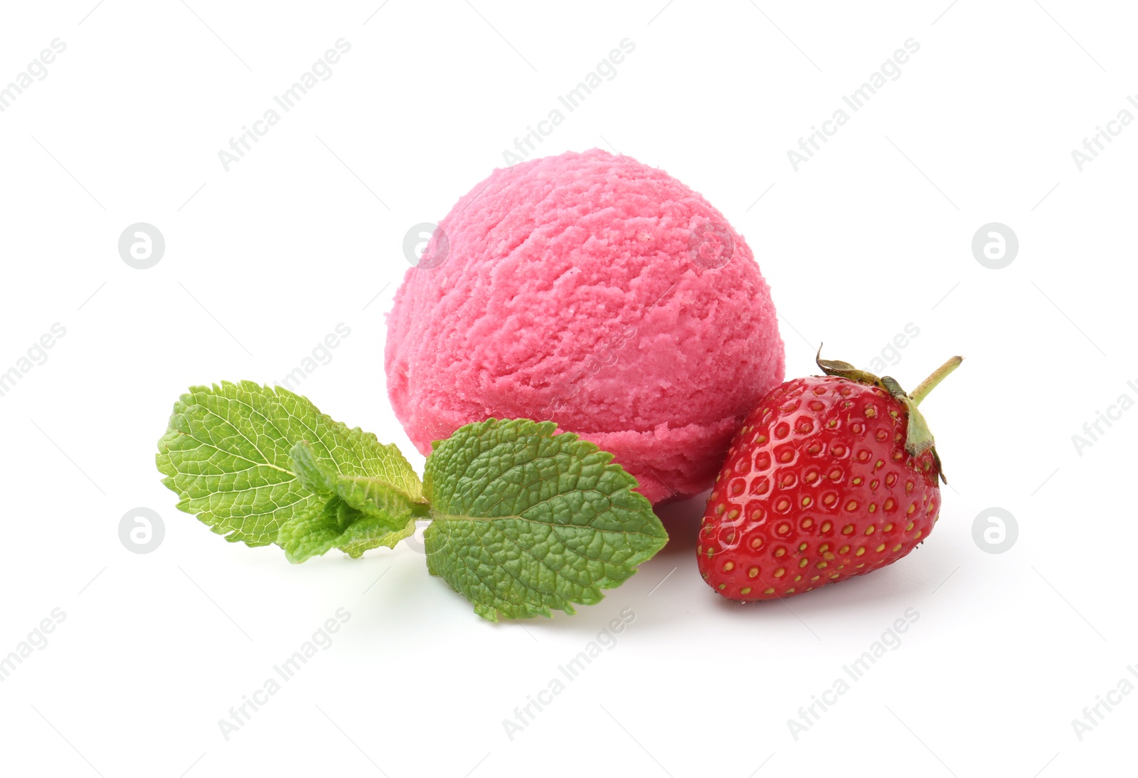 Tasty sorbet, mint and strawberry isolated on white Photo of Tasty sorbet, mint and strawberry isolated on white
