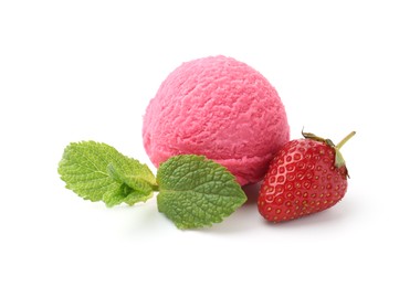 Photo of Tasty sorbet, mint and strawberry isolated on white