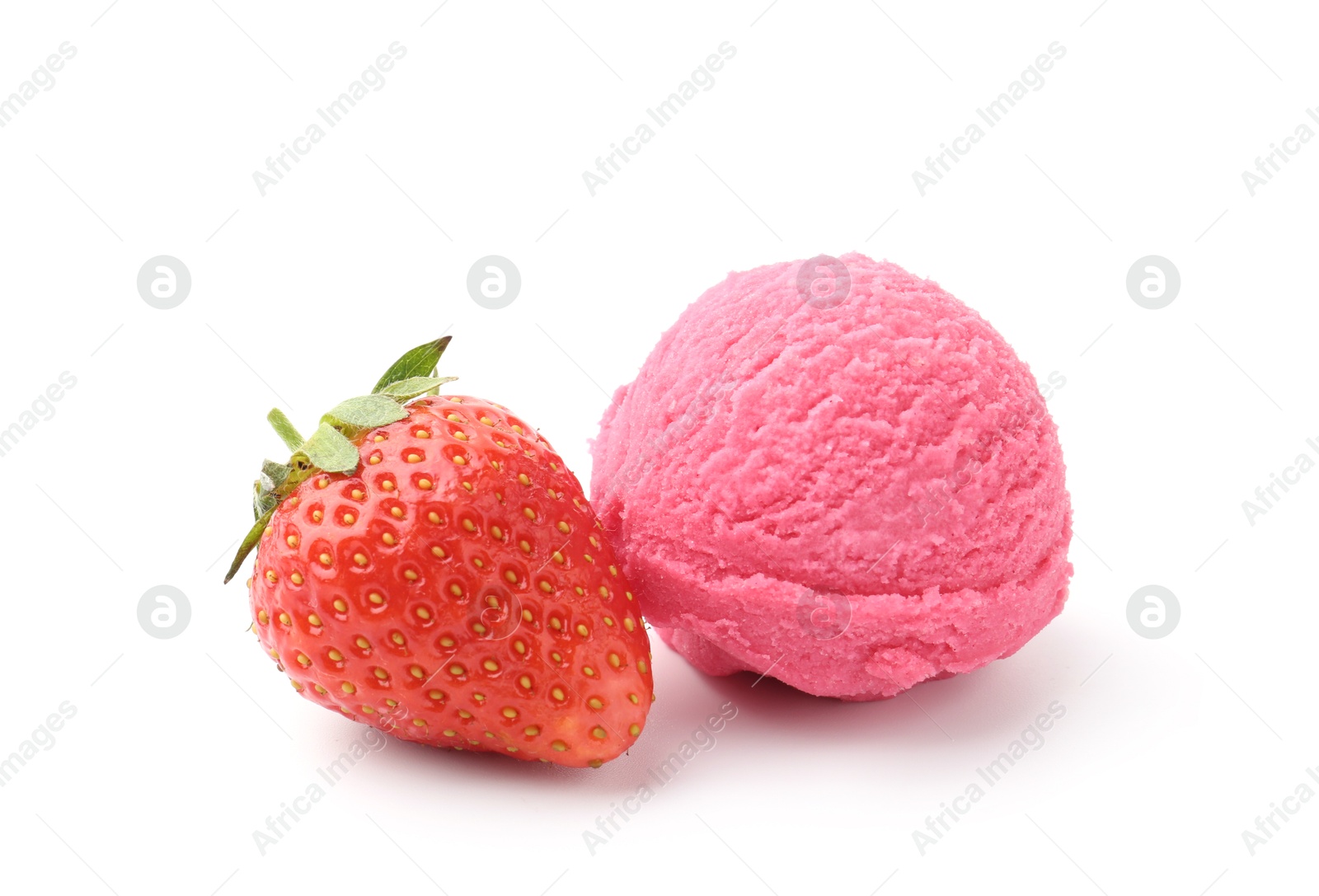 Tasty sorbet and strawberry isolated on white Photo of Tasty sorbet and strawberry isolated on white