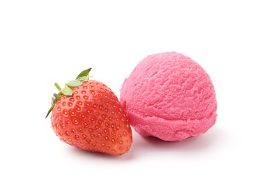 Photo of Tasty sorbet and strawberry isolated on white