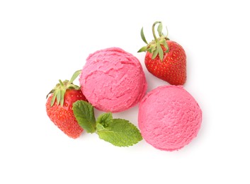 Photo of Tasty sorbet, strawberries and mint isolated on white, top view