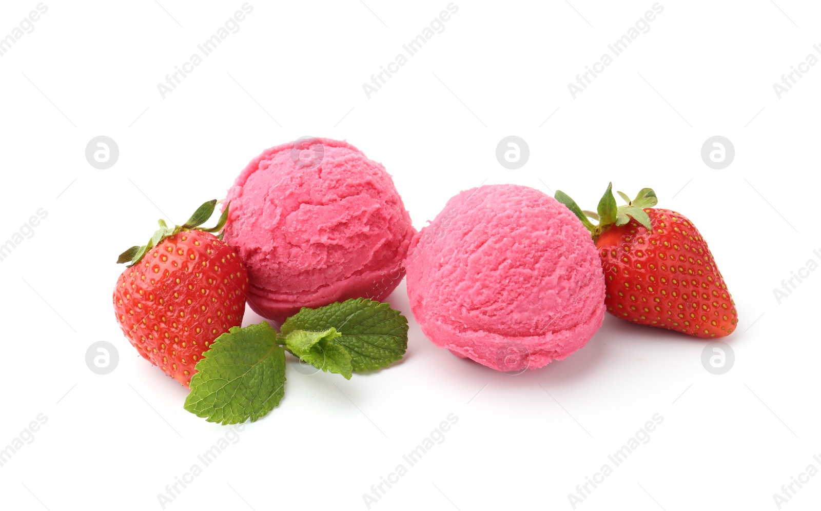 Tasty sorbet, strawberries and mint isolated on white Photo of Tasty sorbet, strawberries and mint isolated on white