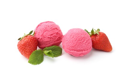 Photo of Tasty sorbet, strawberries and mint isolated on white