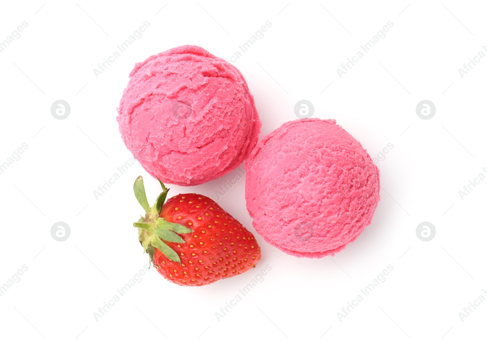 Tasty sorbet and strawberry isolated on white, top view Photo of Tasty sorbet and strawberry isolated on white, top view