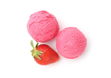 Photo of Tasty sorbet and strawberry isolated on white, top view