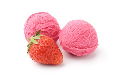 Photo of Tasty sorbet and strawberry isolated on white