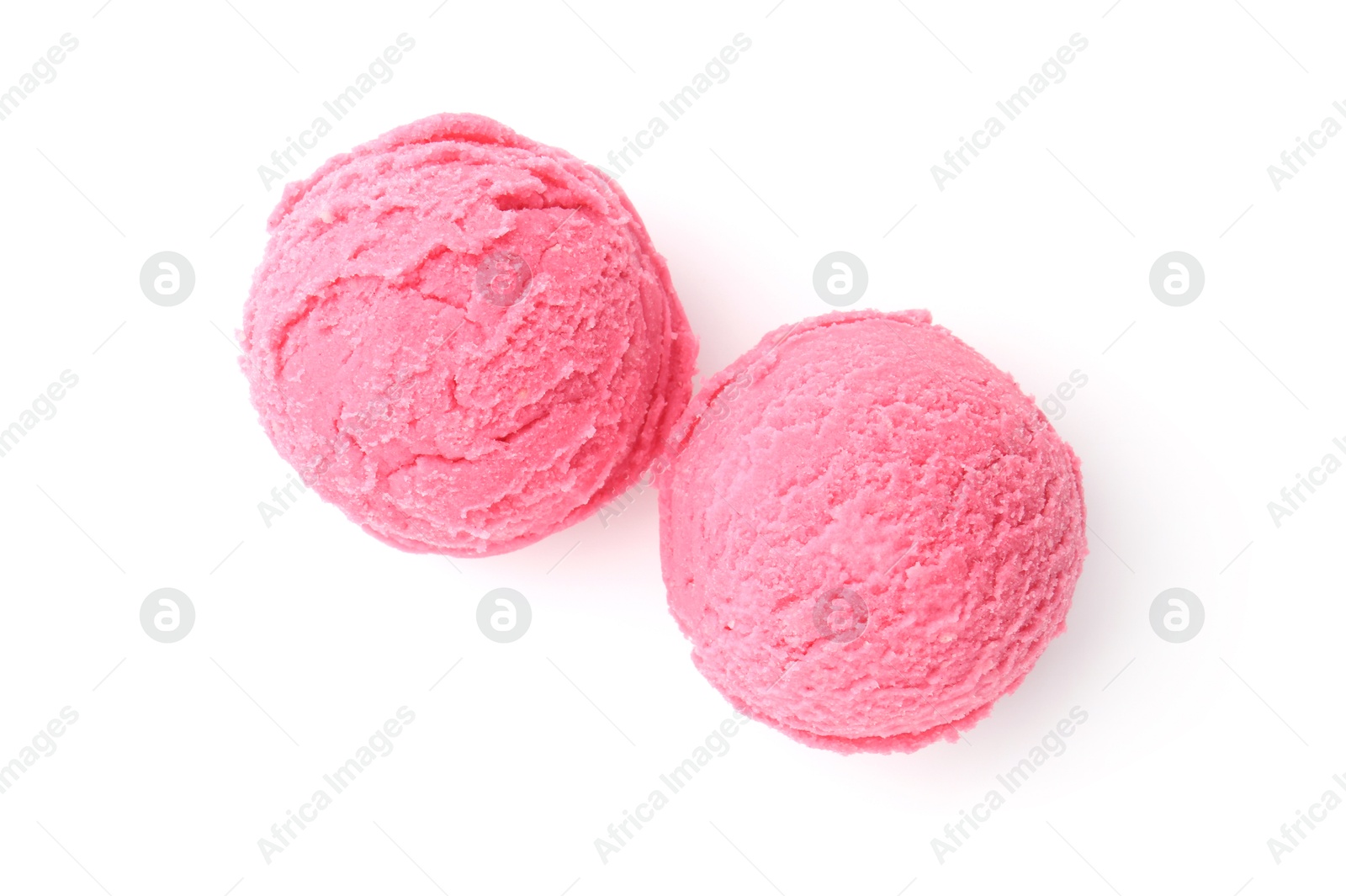 Balls of tasty strawberry sorbet isolated on white, top view Photo of Balls of tasty strawberry sorbet isolated on white, top view