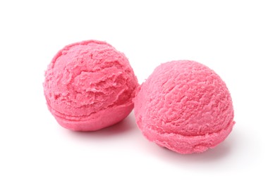 Photo of Balls of tasty strawberry sorbet isolated on white