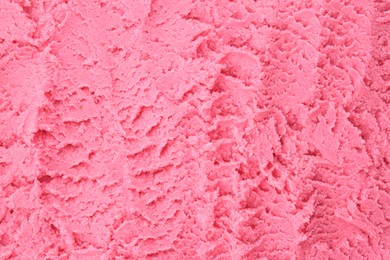 Photo of Tasty strawberry sorbet as background, top view