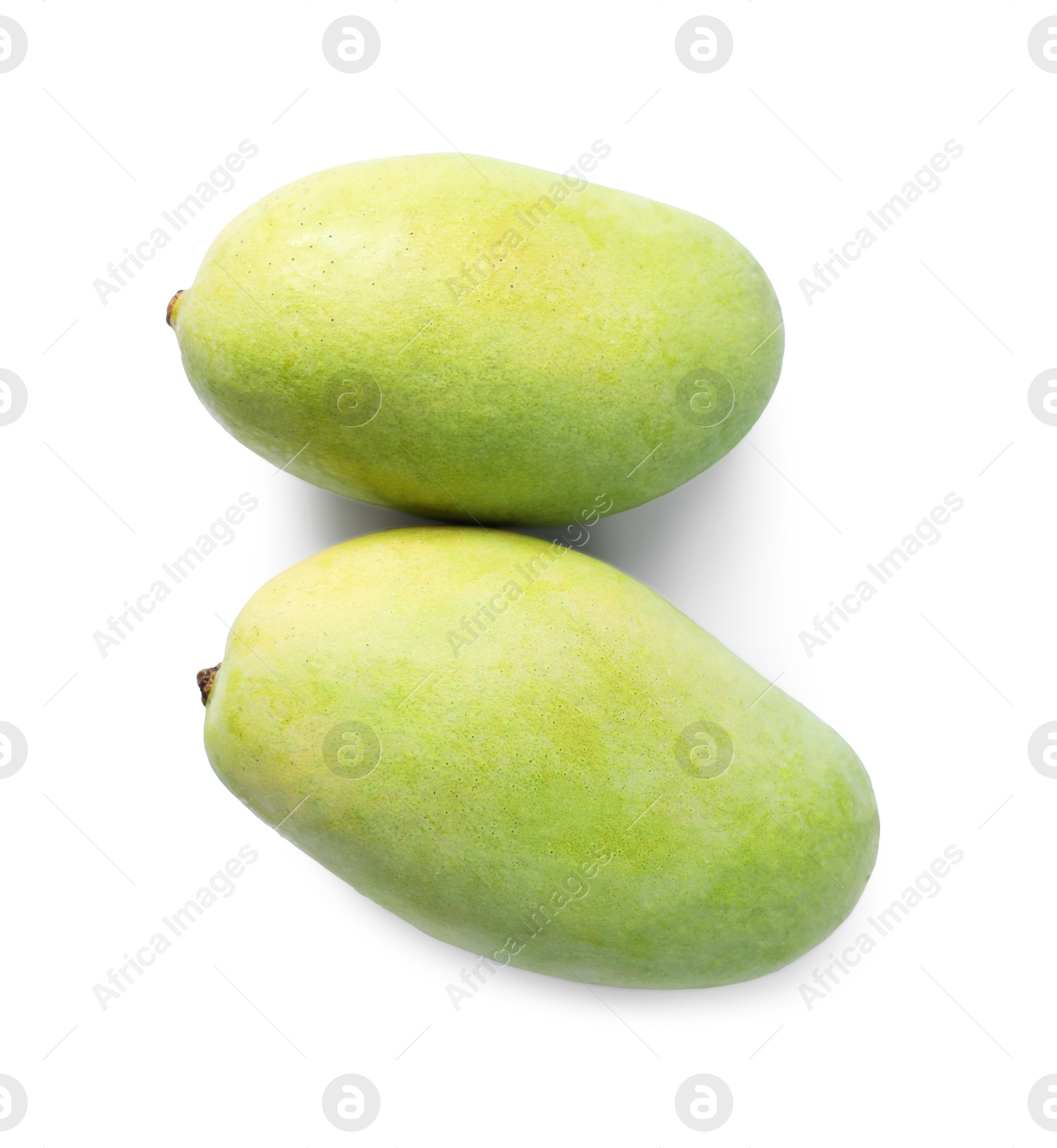 Two sweet fresh mangos isolated on white, top view Photo of Two sweet fresh mangos isolated on white, top view