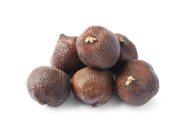 Photo of Many ripe salak fruits isolated on white, above view