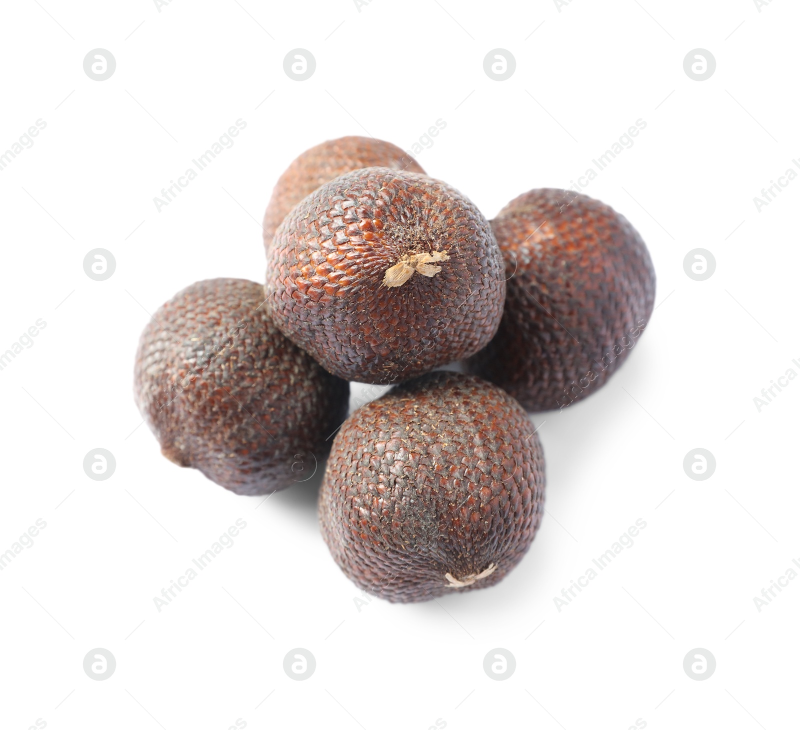 Photo of Many ripe salak fruits isolated on white, above view